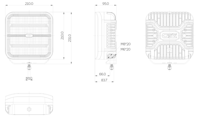 OZZ SQR 9" fjernlys 210mm Med park- og varsellys, sort hus 