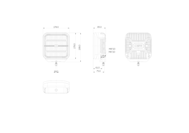 OZZ SQR 7" fjernlys 178mm Med park- og varsellys, sort hus 