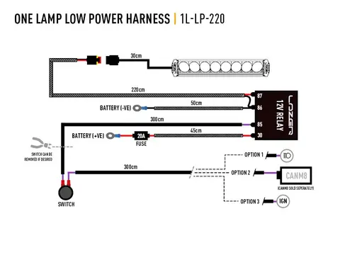 Lazer kabelsett til &#232;n lampe AMP 2-Pin. Med Rel&#232; og bryter. 1,2 meter