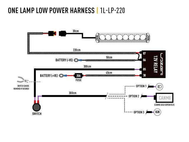 Lazer kabelsett til èn lampe AMP 2-Pin. Med Relè og bryter. 1,2 meter 
