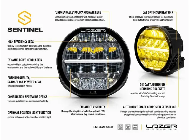 Lazer® Sentinel 7 ELITE YELLOW Gult Lys - med parklys. 9600 Lumen. 